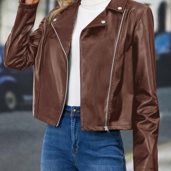 Clearance!! Brand New Zip Up PU Leather Moto Jacket Coffee Brown - Picture 4 of 6